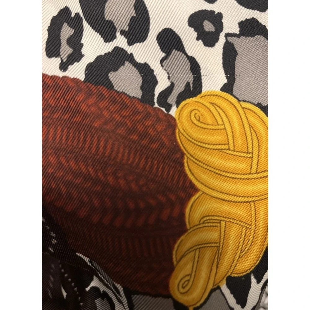 CHRISTIAN DIOR Leopard Silk Twill Scarf Spell Out Rope Knot Cord Gray Brown Gold